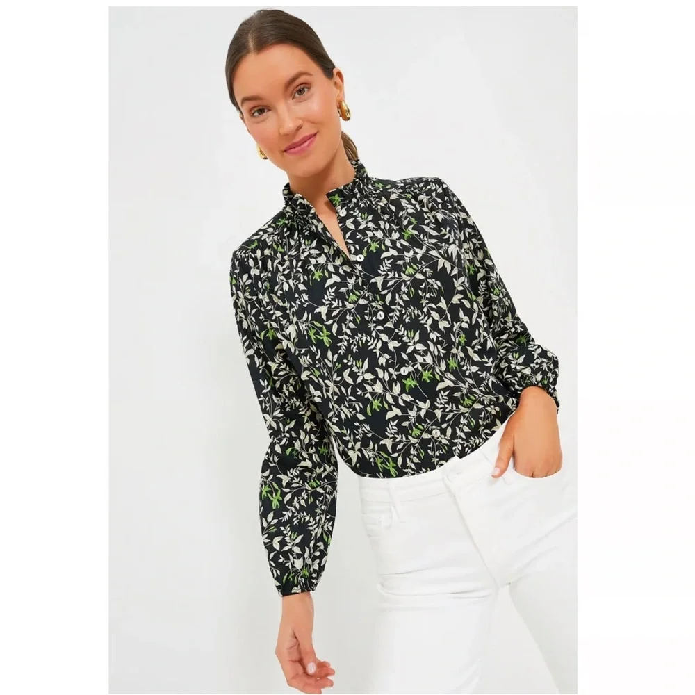 NWT Tuckernuck Verdant Iris Avalon Blouse w/ Green and White Leaf Pattern Sz XS - Picture 1 of 10